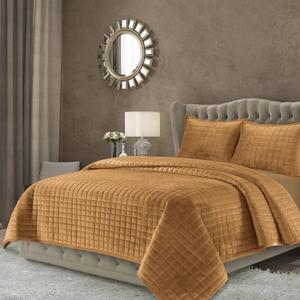 Tribeca Living Luxury Velvet Quilt Set King Bedding Set, 260 GSM Soft Velvet Oversized Comforter Set, Florence Box Stitch Premium Bedspread Coverlet for All Season, with 2 Pillow Shams, Camel