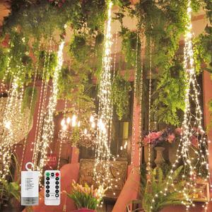 2 Pack 220 LED Firefly Bunch Lights Battery Operated, 8 Flashing Modes Waterproof Copper Wire Waterfall Lights, Remote Controlled Timer and Hooks, Fairy Lights for Indoor Outdoor Decor (Warm White)