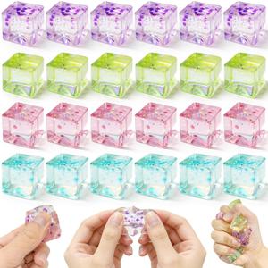 24Pcs Stress Balls Sparkle Fidget Toys, Ice Cube Squeeze Toys - Square Squeeze Ball Sensory Toys, Squeeze Toys - Small Stress Balls for Adults, Easter, Party Favors, Easter Basket Stuffers