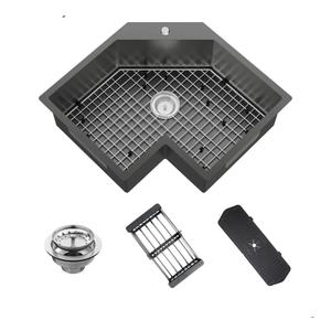 Black Corner Kitchen Sink, 25In Stainless Steel Drop In Sink Stylish and Modern Topmount Sink With Bottom Grid,Silicon Mat,Colander And Drain Assembly Nice Solution For Kitchen And Bar Corner