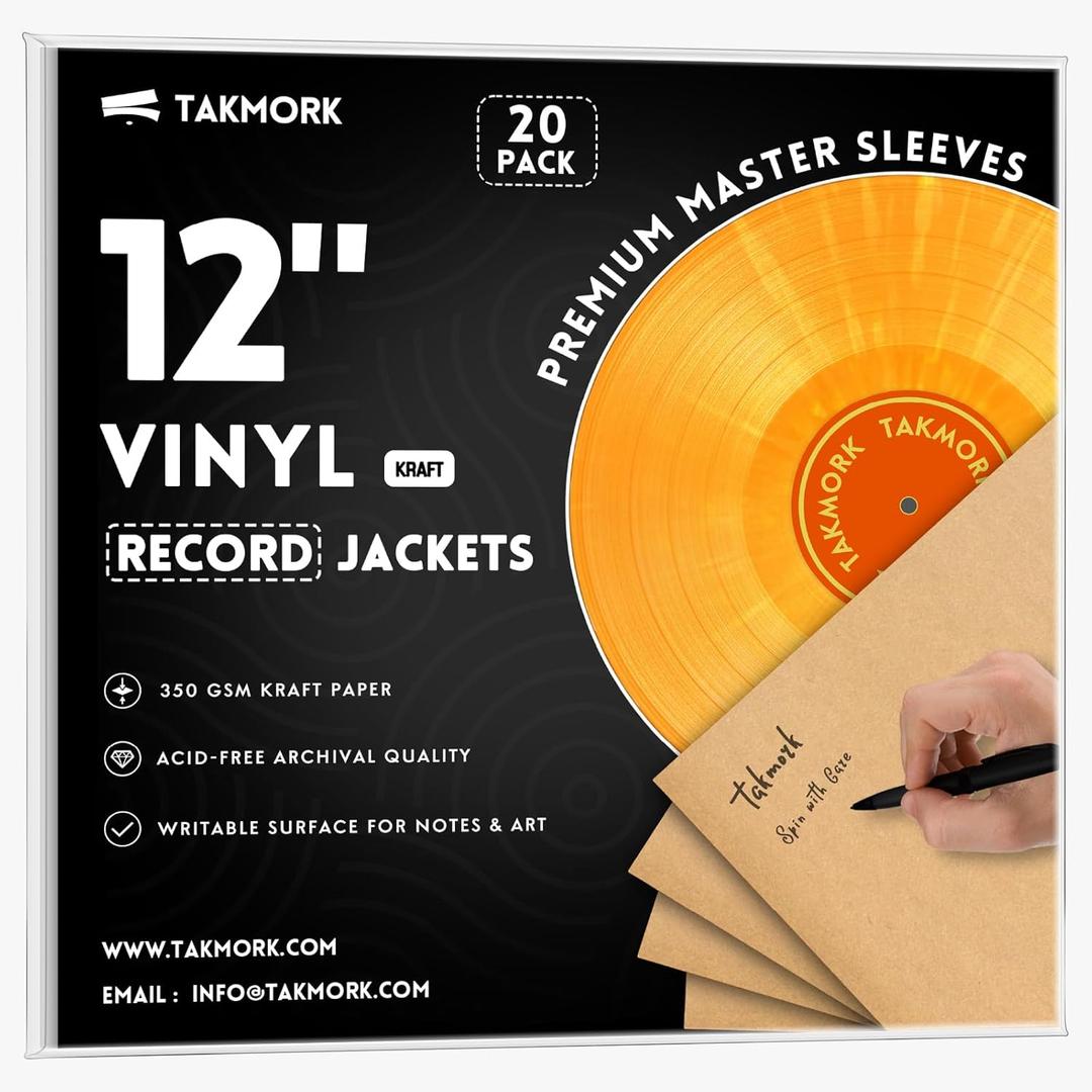TAKMORK 12-Inch Blank LP Vinyl Record Jackets, 350gsm Heavyweight Kraft Cardstock Album Covers with 4mm Spine, No Center Hole, for DIY & Storage, Brown, 20pcs