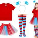 Lenwen Halloween Tulle Tutu Costume Accessories Set, T Shirt Striped Thigh High Socks Tutu Skirt for Halloween Costume (110 cm, Blue and Red Skirt)