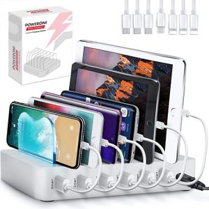 USB Charging Dock - 6-Port Universal Charging Station for Multiple Devices - Multi Device Charger Station - Compatible with Apple, iPad, iPhone, and Android Cell Phones and Tablets (Silver)