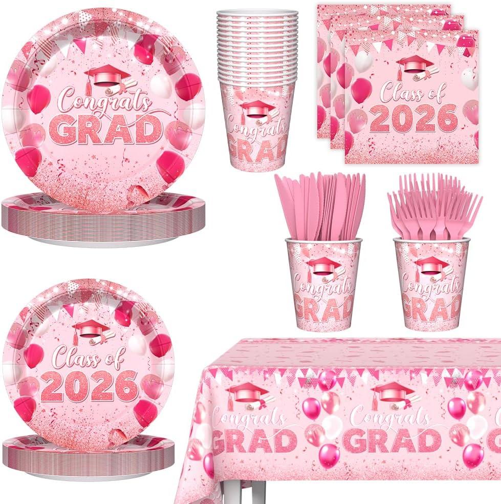 AIBIIN 145pcs Pink Graduation Party Supplies 2026 Graduation Plates and Napkins, Cup, Tablecloth, Tableware, Class of 2026 Congrats Grad Disposable Dinnerware Congrats Grad Decorations Serve 24 Guests