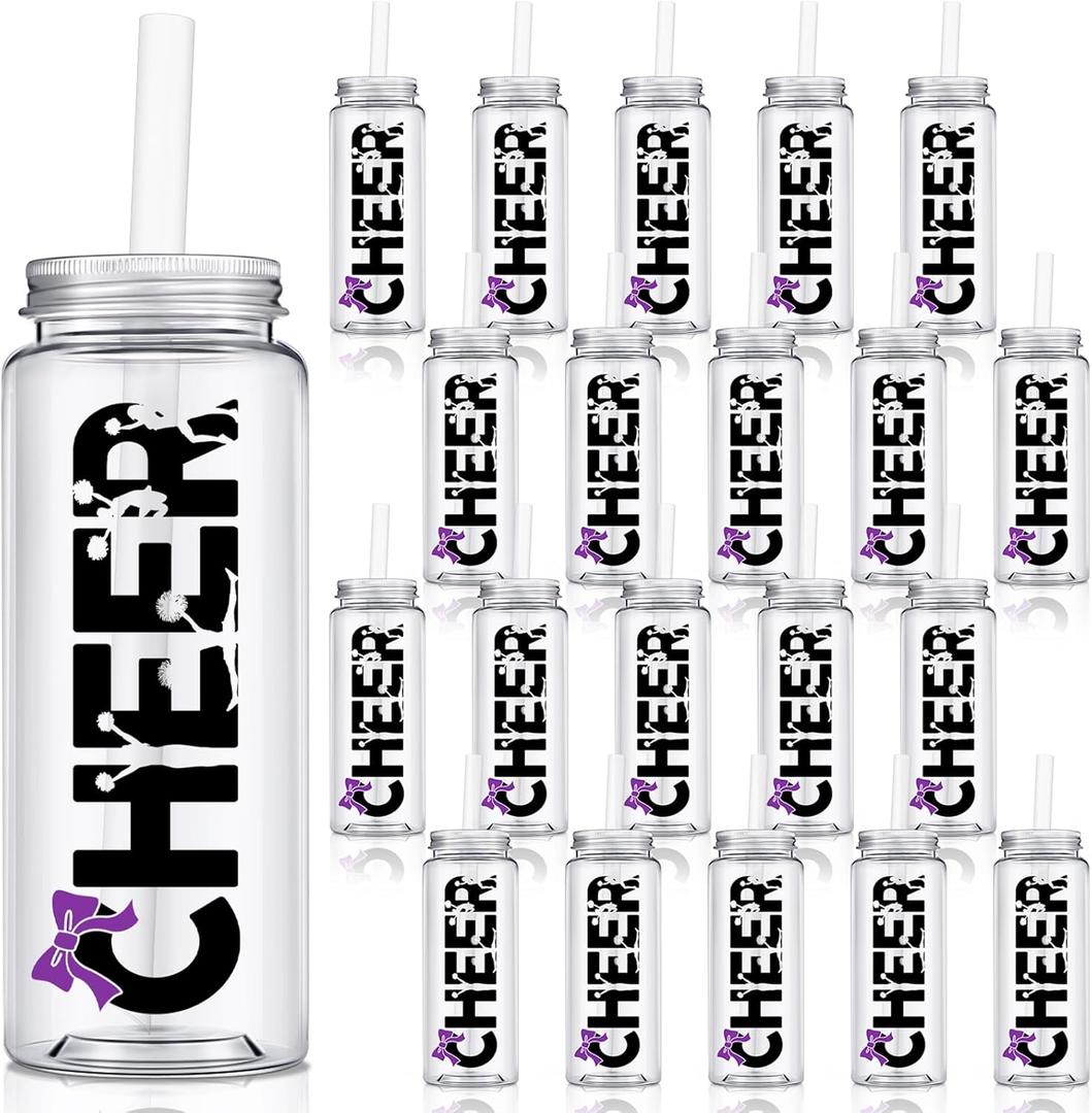 Pickmesh 24 Pcs Cheerleading Gift Cheerleader Tumbler Cups with Lid and Straw, 14 oz Reusable Plastic Cheer Water Bottle, Cheerleader Gifts Bulk for Women Girl Team(Purple)