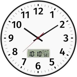 Foxtop 14 Inch Digital Wall Clock with Time, Day of Week and Temperature, Silent Non-Ticking Battery Operated Round Digital and Analog Black Wall Clock for Office Classroom Bedroom Home School