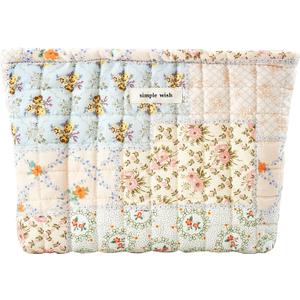 Floral Makeup Bag Pouch - Large Capacity Quilted Cosmetic Organizer for Travel Daily, Aesthetic Cottagecore Cotton Toiletry Purses with Zipper, Portable Gift for Women (Blue Floral-L)