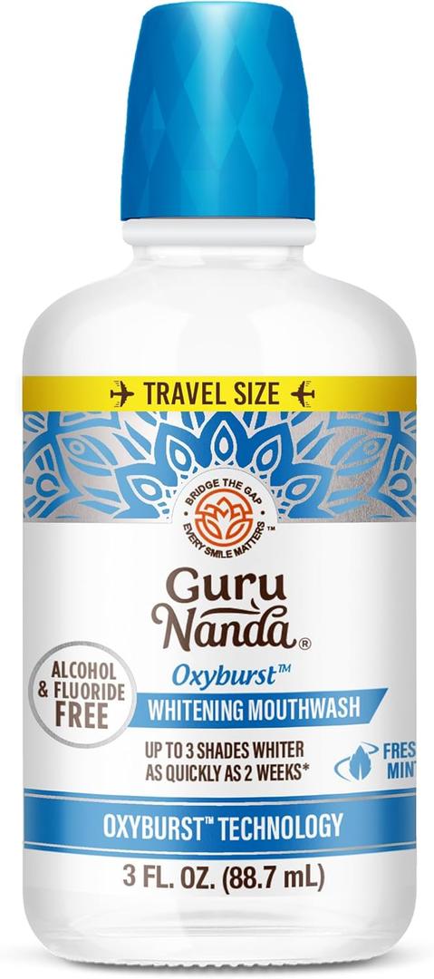 GuruNanda Whitening Mouthwash  Up to 3 Shades Whiter Teeth in 2 Weeks  Alcohol & Fluoride Free Travel Mouthwash with Hydrogen Peroxide  Oxyburst Technology, TSA Friendly, Wild Mint, 3 oz