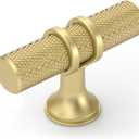 Amerdeco 10 Pack Brushed Gold Cabinet Knobs 2 Inch Length Single Hole T Bar Kitchen Cabinet Knob Knurled Cabinet Pulls for Drawer Cupboard