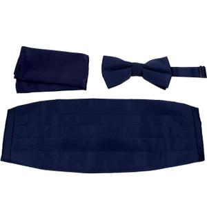 Mens Formal Woven Satin Cummerbund Pre-Tied Bowtie Hanky set - Many Solid Colors, Navy