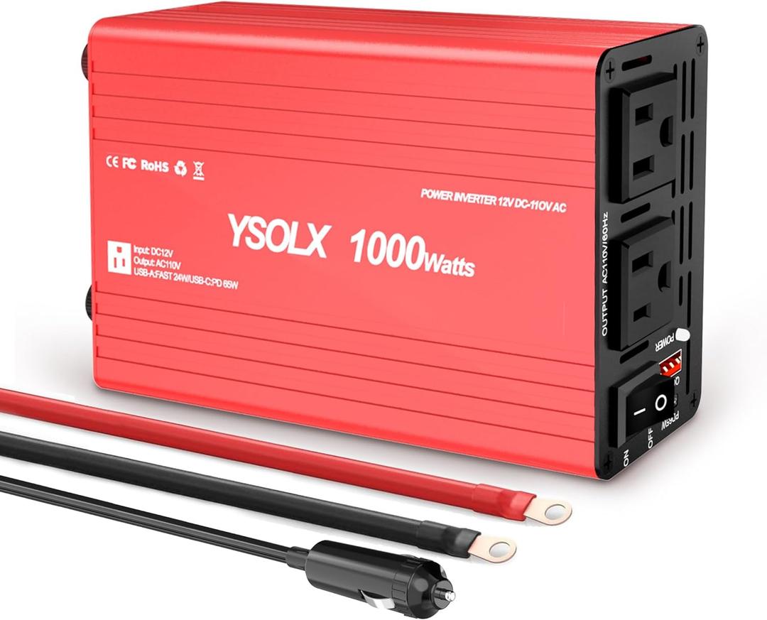 YSOLX 1000W Power Inverter 12V to 110V - DC to AC Converter with USB-C 65W/USB-A 24W, Dual AC Outlet, 1000 Watt Inverter Suitable for 12v Truck/Rv/Camping/Home