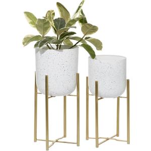 Deco 79 Metal Indoor Outdoor Planter Deep Dome Speckled Large Planter Pot with Gold Stands, Set of 2 Planters 22", 19"H, White