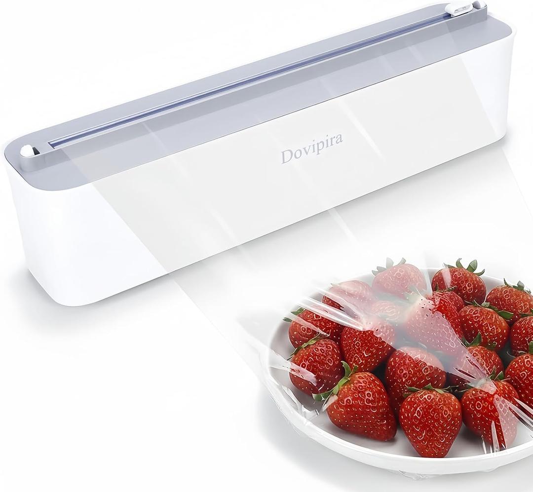 Magnetic Plastic Wrap and Foil Dispenser with Cutter, Upgrade Large Size Fits Max 12.8In x 984Ft Cling Film, Adhesive Wall Mounted Aluminum Foil and Wrap Organizer Holder for Kitchen (Gray and White)