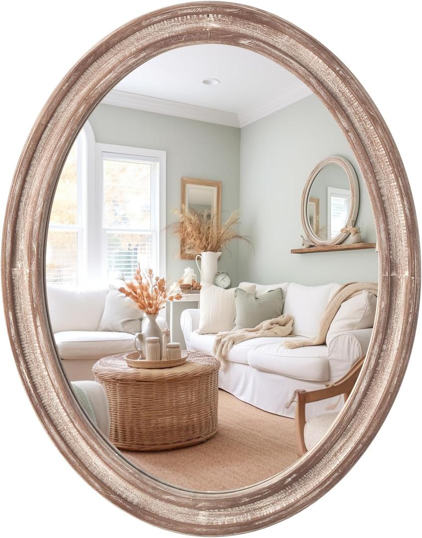 sawsile 24x30'' Rustic Oval Wood Mirror,Decorative Farmhouse Oval Mirrors,Vanity Nature Mirrors for Bedroom, Bathroom, Living Room,or Entryway