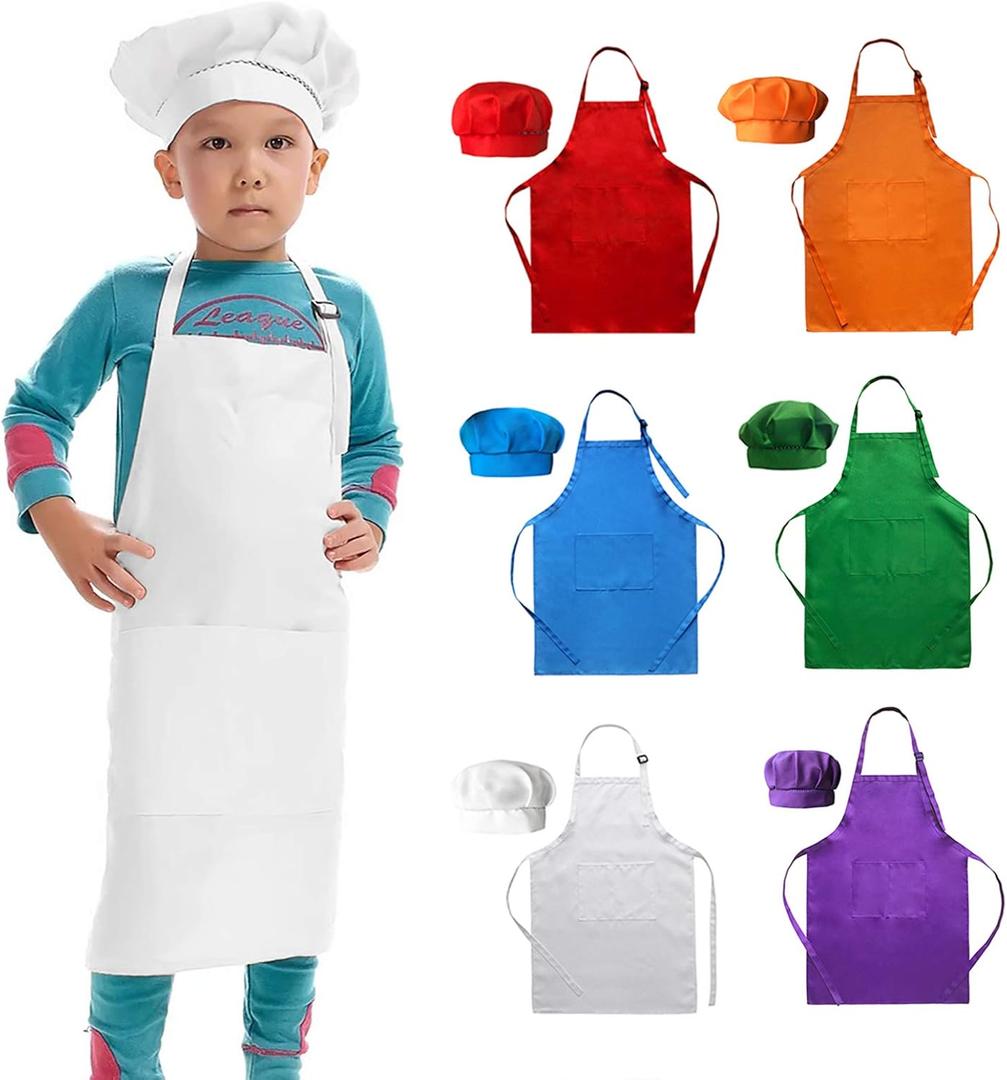 6 Pack Adjustable Kids Apron and Chef Hat for Cooking Baking Painting Art, Kids Apron for Girl Boy with 2 Pockets (Medium, Multi)