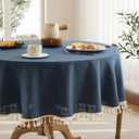 Linen Tablecloth with Tassels, Farmhouse Style Navy Tablecloth, Water Resistant Burlap Tablecloths for Round Table, 60 Inch Round Navy
