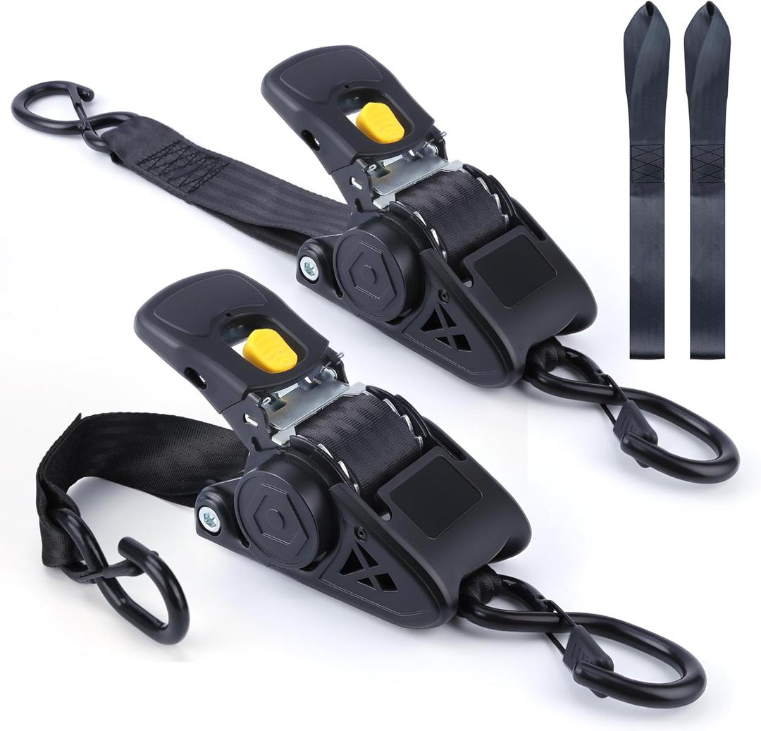 Retractable Ratchet Straps, 2'' x 10FT Self Retracting Ratchet Straps Heavy Duty with Soft Loops, 2204lb Break Strength Auto Tie Down Straps Easy Retract for Motorcycle, Truck, Cargo, 2 Pack (Black)