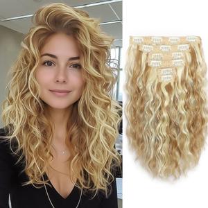 TYQ Hair Extensions 6PCS Curly Clip In Hair Extensions 12" Short Curly Wavy Blonde hair extensions Invisible Lace Weft Natural Soft Synthesis Hairpieces for Women-Golden Blonde with Highlights