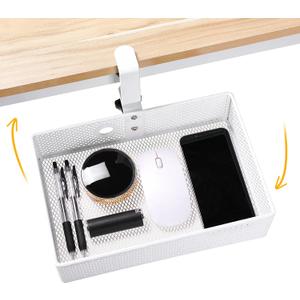 Mesh Desk Organizer and Clamp-on Swivel Pencil Drawer, Desk Hidden Desk Organizer Extra Sturdy C-Clamp Mount System and Easy to Instal, Home Office Art Supply Storage Box (White)