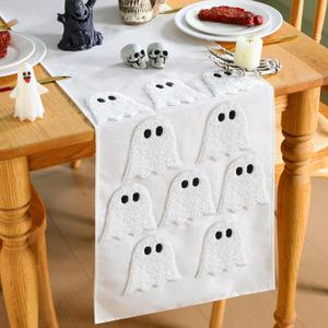 2 x Halloween Ghost Table Runner for Guest Bedroom One End Patterned Halloween Dresser Scarf Spooky Ghost Adjustable Table Runner 3D Embroidered Tabletop Decoration for Holiday, 14 x 90 Inch