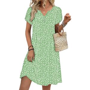 Zeagoo Women's Casual Dresses with Pockets Summer Floral V-Neck A-Line Tshirt Dress Short Sleeve Mini Dress Beach Sundress (Light Green, Large)