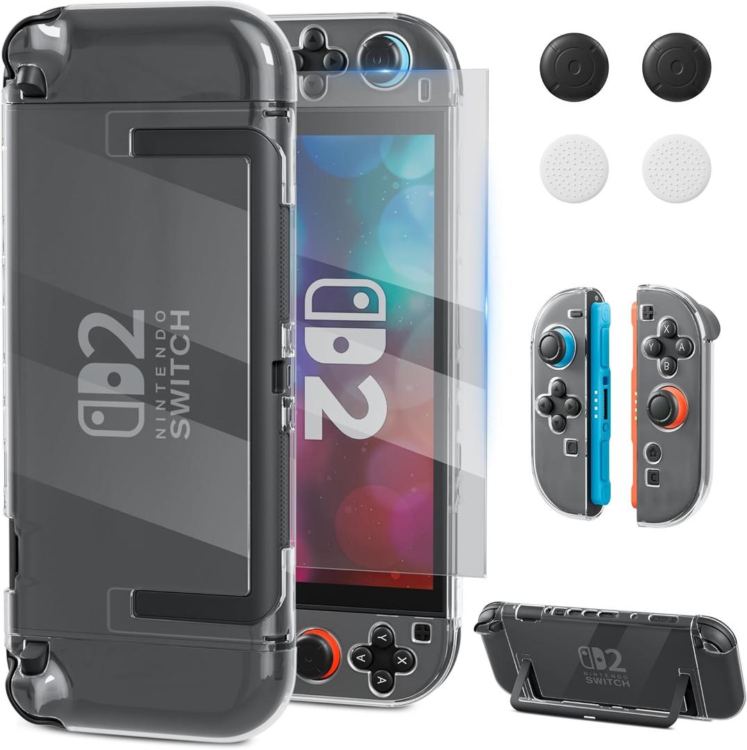 RHOTALL Clear Protective Case Cover Shell for Nintendo Switch 2(2025),Full Dockable Slim Transparent Hard PC Protection Accessories Case for Switch 2 with Anti-Scratch Screen Protector,4 Thumb Grip