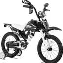KEANO Motocross Style Kids Bike for Boys Girls Ages 3-7 Years, 12 & 16 Inch Bikes with Training Wheels and Number Plate, Children Bicycles, Black