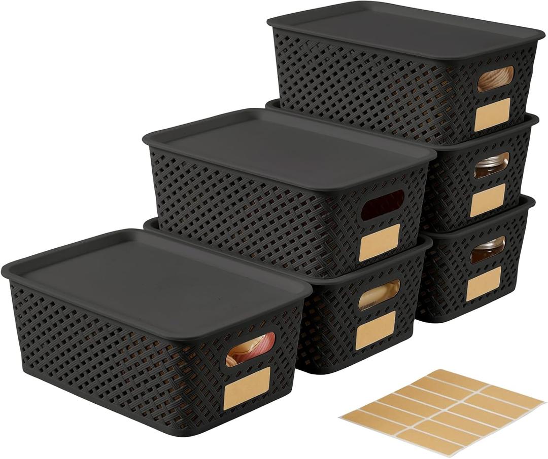 Small Plastic Twill Woven Storage Baskets with Lids, Stackable Organizing Containers with Labels for Pantry Closet Office, 6-Pack,10.35"x7.3"x4.09", Black