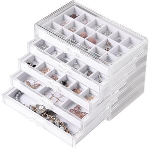 Frebeauty Acrylic Jewelry Organizer Earring Organizer Box with 5 Drawers Earring Holder Organizer with Velvet Trays Clear Jewelry Box for Women Earring Display for Rings Studs(White)