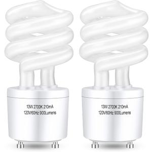 Winkcao CFL Light Bulbs GU24 Base, T3 Spiral 13Watt (60Watt Equ) Soft White 2700K 900lm Compact Fluorescent Light Bulbs, UL Approved, 120v 60Hz, Self Ballasted CFL Bulbs, Pack of 2
