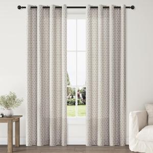 ChrisDowa Semi Sheer Linen Beige Gray Curtains 72 Inches Long 2 Panels for Living Room Dining Room Vintage Plaid Jacquard Light Filtering Voile Grommet Window Treatments Drapes Privacy Assured,52X72
