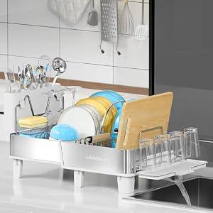 Dish Drying Rack, 304 Stainless Steel Expandable Dish Rack with Adjustable Drain Spout, Large Capacity Dish Drainer with Utensil Holder, Cup Holder and Cutting Board Rack for Kitchen Counter, White