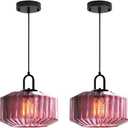 Mid Century Hanging Light Purple Glass Ceiling Pendant Lights Kitchen Island Vintage Pendant Lighting Striped Glass Globe Shade Modern Dining Room Pendant Light fixtures Black Finish