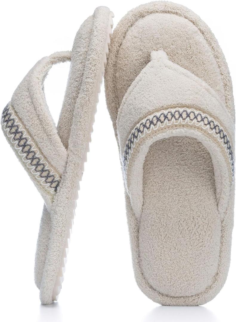 Flip Flops House Slippers for Women Indoor House Shoes with Soft Terry Cloth Ladies Thong Slippers with Non-Slip Sole and Memory Foam (9-10, Beige)