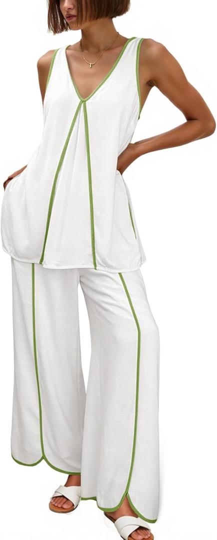 Cicy Bell Womens Summer Lounge Sets V Neck Sleeveless Tunic Tops Pajamas Sets Comfy Loungwear Wide Leg Pants 2 Piece Outfits (X-Large, White)