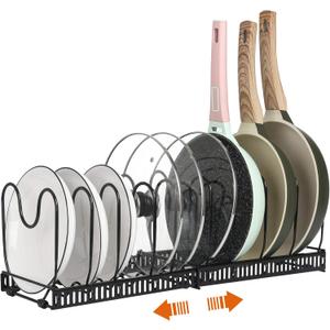 ROOHUA Pot Rack -Expandable Pan Organizer for Cabinet, Lid Holder with 10 Adjustable Compartment for Kitchen Cabinet Cookware Baking Frying Rack (Black)