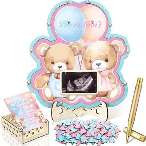 Wenqik 63 Bear Gender Reveal Baby Shower Guest Book Alternatives Set Baby Shower Decorations with Photo Frame Sonogram Frame Keepsake 60 Wood Slices Guest Book for Birthday