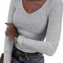 Roselux Womens Long Sleeve V Neck Ribbed Knit Fitted Casual Tops Tee Slim Basic Shirt (Small, Grey)
