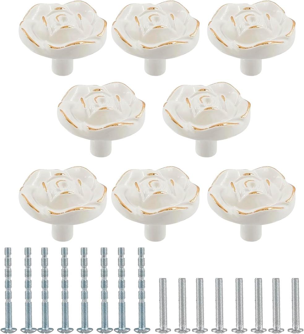 8 Pcs Ivory White Cabinet Pulls Knobs, Vintage Rose Flower Kitchen Drawer Pulls for Door Kitchen Drawer Dresser Wardrobe Cupboard Gold Line