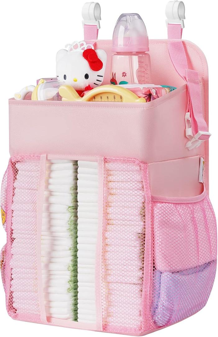 Maliton Hanging Diaper Caddy Nursery Caddy Organizer for Playard, Wall or Crib, Diaper Stacker with Baby Essentials Storage (Pink)