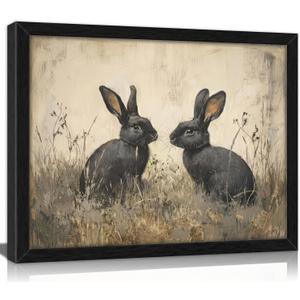 Black Framed Vintage Easter Bunny Wall Art Spring Moody Rabbit and Cottagecore Canvas Print Country Animal Painting Picture Rustic Farmhouse Floral Poster Artwork for Living Room Bedroom