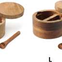 Wood Salt and Pepper Bowl, AcaciaWood Salt Cellar with Built-in Spoon and Magnetic Swivel Lid, Container Holder to Storage Pepper Spice, L