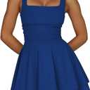 Women's Square Neck Ruffle Hem Mini Dress Ruched Waist Corset Short Party Dresses (Blue, S)
