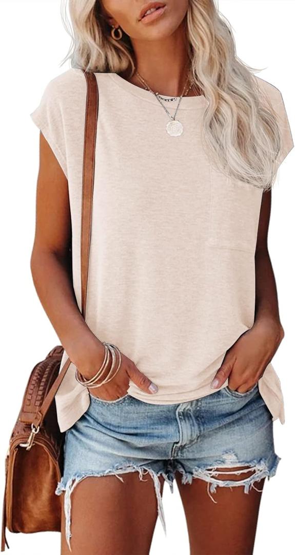 MIROL Women's Short Sleeve Tunic Tops 2025 Basic Loose T Shirts Solid Color Batwing Sleeve Casual Tee (Medium, Beige)