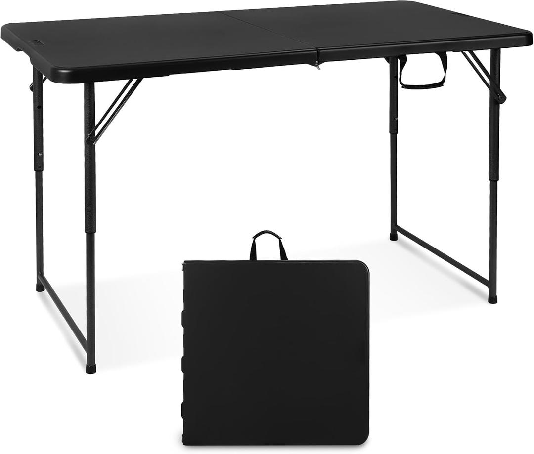 Byliable Folding Table 4 Foot Portable Heavy Duty Plastic Fold-in-Half Utility Table Small Indoor Outdoor Adjustable Height Folding with Carrying Handle, Camping and Party, Black