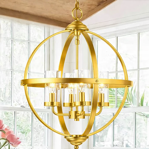 Treekee Chandelier Farmhouse Hanging Lighting, 4-Light Globe Orb Chandelier, Adjustable Modern Pendant Light Fixture for Dining Entryway Foyer, Black and Gold Finish