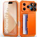 BXYJY for iPhone 17 Pro Wallet Case with Screen Protector (Tempered Glass), Card Holder (4-5 Cards), Slide Camera Cover, Military Grade Drop, Heavy Duty Women Men Case for iPhone 17 Pro, Orange