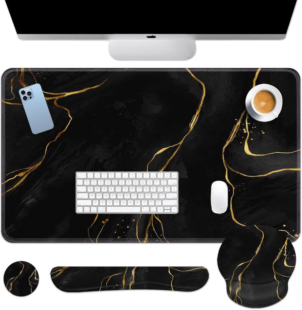 Britimes Black Gold Marble Keyboard Mouse Pad Set 4in1 Large Mousepad+Keyboard Wrist Rest+Mouse Wrist Rest+Coaster Ergonomic Design for Home Office Computer 35.4x15.7 inches