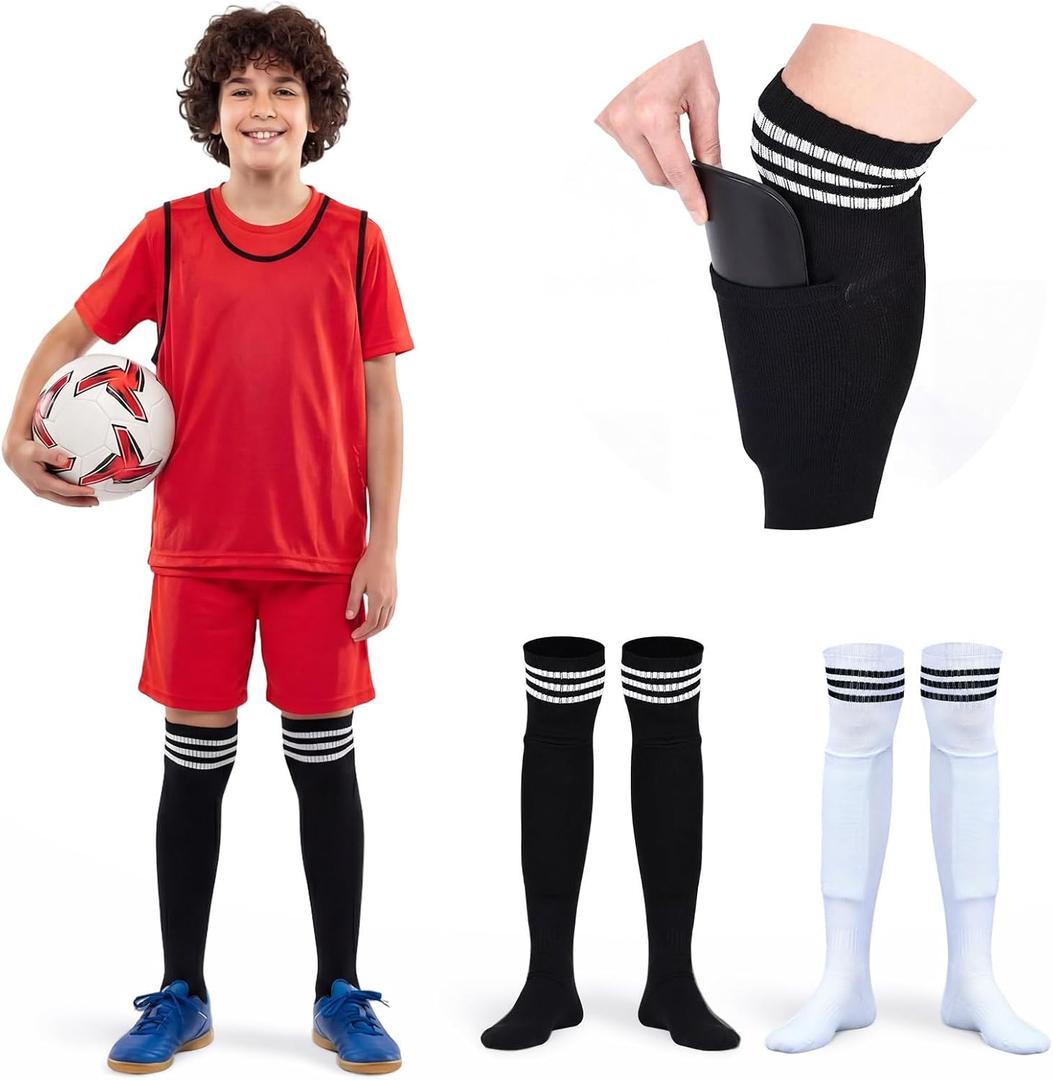 4 x 2 Pairs Long Leg Shin Guards Soccer Socks with Leg Guard Pockets, Calf Compression Sleeves, Football Socks for Most People, Calf Protection for Football Matches, Baseball, Training, 19"