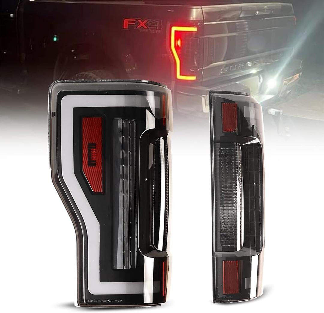 LED Tail Lights Compatible with 2017-2019 FORD F250 F350 F450 (Super Duty) Sequential Turning Light & DRL Tail Lamps Replacement Assembly 1 Pair (Black Housing/Smoke Lens)